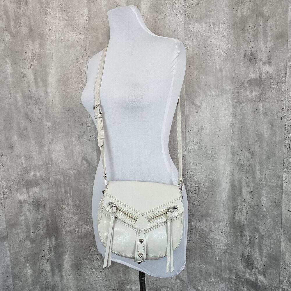 Botkier Light Grey Leather Trigger Saddle Crossbody Bag Studded Oversized Zipper